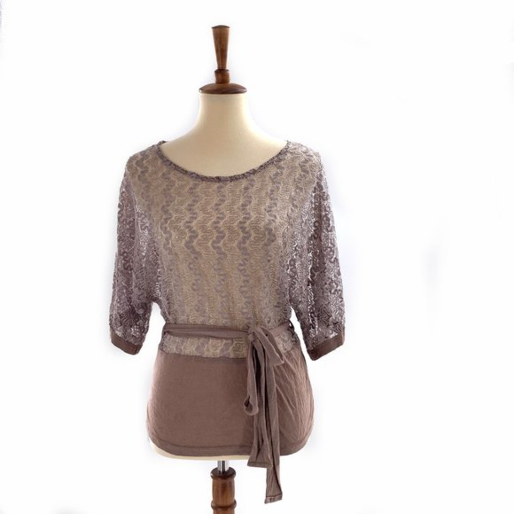 Daytrip Knitted Blouse XS Tan Top Belt Tie Wide Comfy Sleeves Polyester Blouse